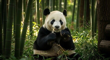 Giant Panda Eating Bamboo in Lush Green Forest.