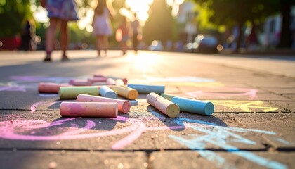 Childhood Memories Captured in Vibrant Chalk Drawings on Pavement during Golden Hour