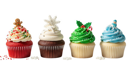 Four festive christmas cupcakes isolated on transparent background