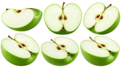 Six vibrant green apple slices arranged in a 2x3 grid, showcasing the fruit's inner core and flesh against a white backdrop