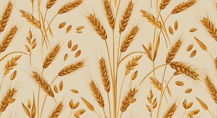 Golden Wheat Stalks and Grains Seamless Pattern Background.