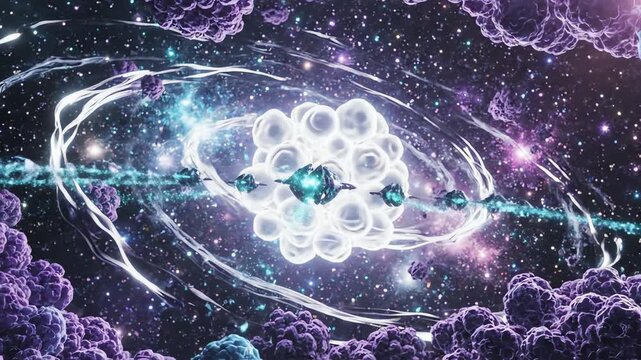 A nano probe leaving the molecular scale and drifting into outer space, showing seamless continuity between nano and cosmic realms