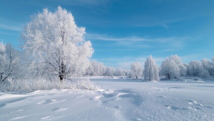 Obraz premium A winter landscape featuring snow-laden trees, soft snow mounds and a clear blue sky, highlighting seasonal changes