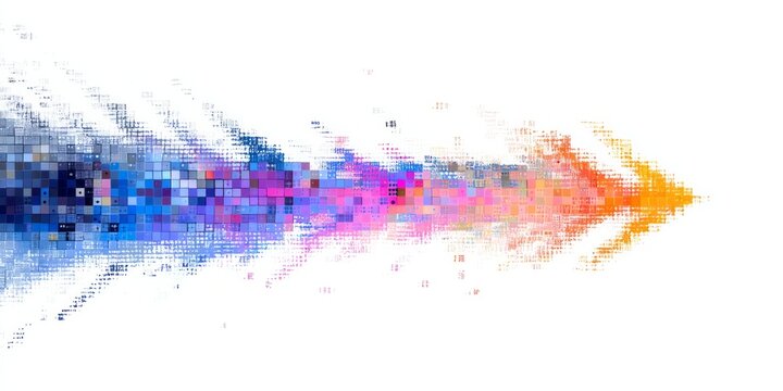 Abstract directional movement suggested by a stream of dissolving colorful square pixels moving toward the right