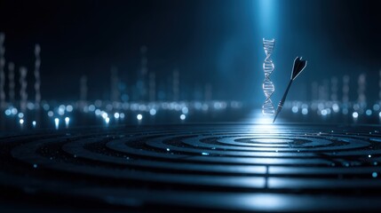 Conceptual image of DNA helix with arrow aiming towards it in a dark futuristic environment with glowing patterns