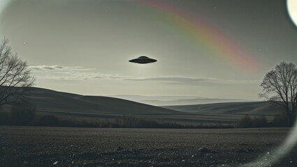 UFO sighting over rural landscape with rainbow and atmospheric effects