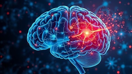 Fototapeta premium A fractured digital brain puzzle with biological neurons slipping through, illustrating AI limitations.