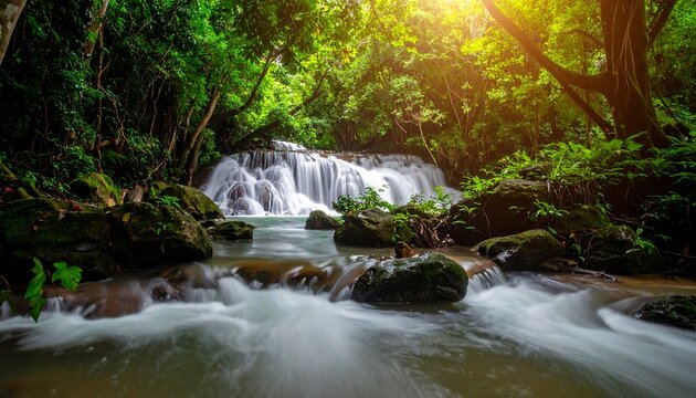 Serene cascade of water flows through lush green foliage and moss-covered rocks. Sunlight filters through creating a bright, natural scene