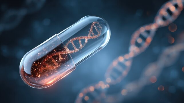 Scientific representation of a DNA strand encapsulated in a transparent capsule, symbolizing genetic research and innovation
