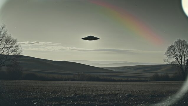 UFO sighting over rural landscape with rainbow and atmospheric effects
