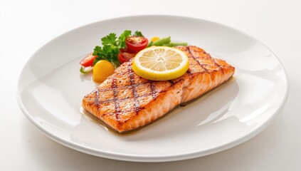 Grilled Salmon Fillet Served with Lemon and Vegetable Garnish on a White Plate, protein-rich meal