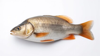 Fresh carp fish displayed on a white background, protein-rich meal