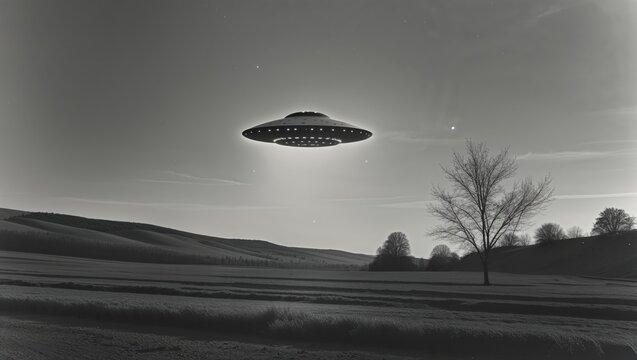 UFO hovers over a rural landscape at dusk in black and white - Powered by Adobe