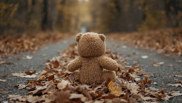 Rear view teddy bear doll resting on autumn leaves along a footpath, evoking themes of isolation, International Missing Children's Day