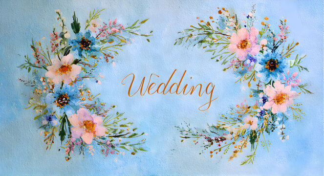 Delicate floral wreath with the word wedding in the center on a soft blue background