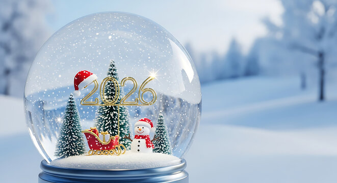 Snow globe with Christmas trees snowman and 2026 year