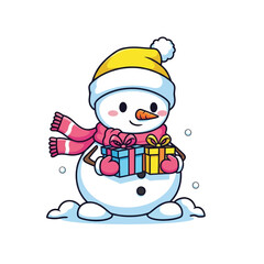 A cute cartoon snowman wearing a yellow hat and pink scarf, holding two wrapped gifts.