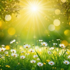 Fototapeta premium Vibrant Meadow of Daisies under a Bright Sunlight with Soft Bokeh Effects in Spring Season
