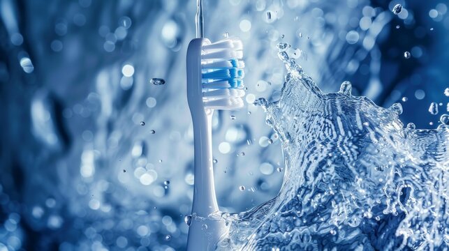 Electric toothbrush under running water, splashes and fresh shine.
Ideal for advertising hygiene products, dental clinics, health blogs.