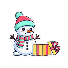 A cute cartoon snowman wearing a hat and scarf, standing next to an open gift box, ready for Christmas.