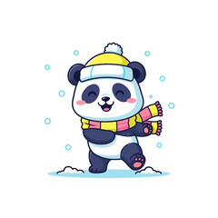 A cute cartoon panda wearing a yellow hat and a striped scarf, dancing joyfully in the snow.