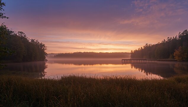 Foggy autumn dawn illuminating a wetland lake with silhouetted trees, seasonal change