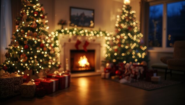 Beautifully decorated room featuring a Christmas tree and gifts, inviting warmth of a fireplace with soft glowing lights, holiday ambiance