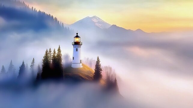 A white lighthouse is perched on a hill surrounded by trees and fog, with mountains visible in the background during sunrise or sunset. - Powered by Adobe