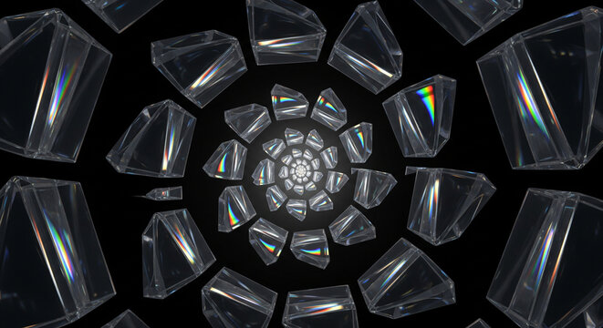 3D abstract geometric torus loop made of glossy glass tiles arranged in a twisted circular formation, featuring reflective materials, symmetry, and futuristic modern digital aesthetics.