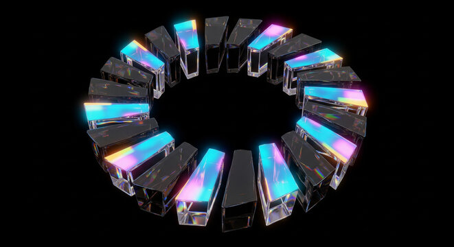 3D abstract geometric torus loop made of glossy glass tiles arranged in a twisted circular formation, featuring reflective materials, symmetry, and futuristic modern digital aesthetics.