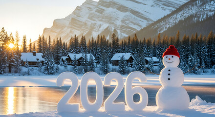 Snowman and 2026 numbers in snowy mountain landscape