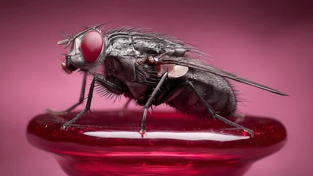 Detailed Macro Close Up of a Housefly with Red Eyes.