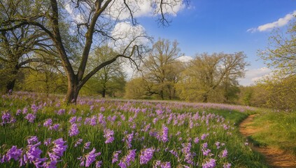 Fototapeta premium A beautiful meadow filled with purple blossoms and scattered trees