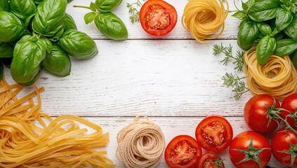 Italian cooking ingredients for pasta, tomatoes, and basil, fiber-dense choice