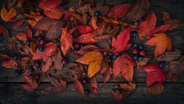Vibrant cherry leaves and forest berries on a wooden surface, seasonal change