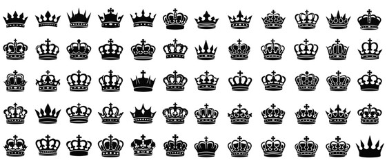 Collection of 60 Royal king, queen, and princess crown icons. Symbol of royalty, luxury, and power.