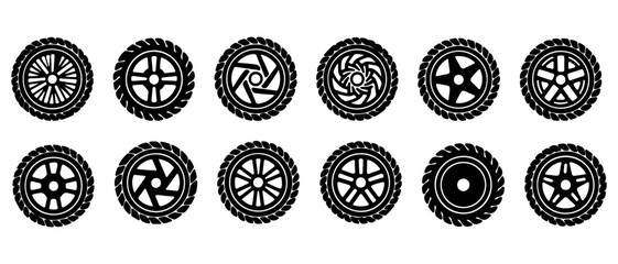Collection of various car wheel, tire, and alloy icons, isolated on white.