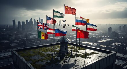 International Flags Waving on a Rooftop Overlooking a Cityscape at Dusk.