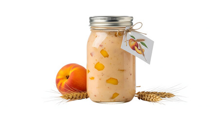 Delicious peach smoothie in a mason jar with fresh fruit and grains.