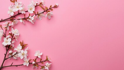 Obraz premium Overhead shot of flowering bird cherry twigs on a vivid pink surface, perfect for crafting greeting cards, banners, and posters for special events such as Mother's Day and Spring celebrations.