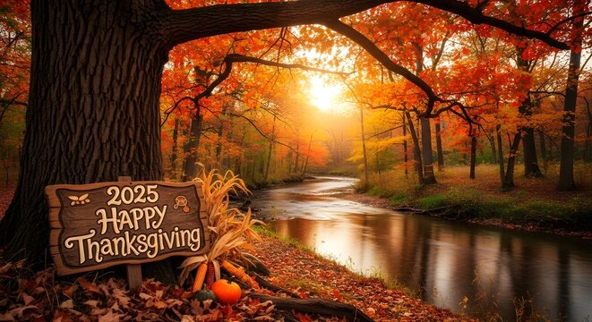 Happy Thanksgiving 2025 in Autumn Forest by River with Golden Sunlight and Fall Foliage