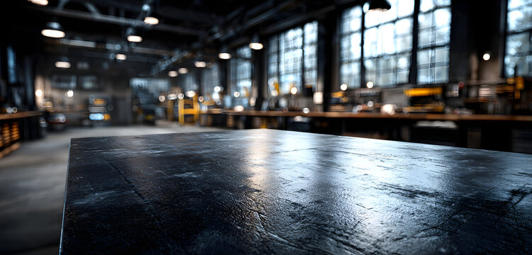 Black metal table surface in a car repair workshop. Blurred background shows the shop interior with tools shelves windows. Workshop table for product display or advertisement.