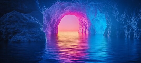 Vibrant Cave Reflection with Neon Colors, Abstract Water Tunnel and Dark Rock Background Landscape