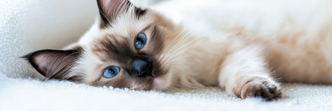 Adorable ragamuffin cat resting, showcasing enchanting eyes and a precious expression of elegance.
