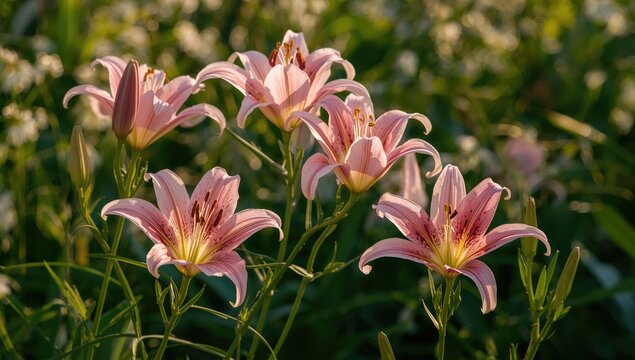 In a vibrant garden, pink lilies flourish with a gradient of petals from soft to deep pink, seasonal change