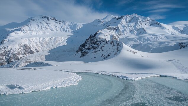 Snow-covered peaks in a mountain landscape with melting patches and a clear blue sky, showcasing seasonal change - Powered by Adobe
