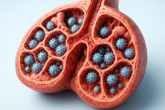 Ultra photorealistic 3D medical CGI cross-section of infected avian lung tissue showing alveoli filled with influenza virions, epithelial cell damage, mild vascular congestion, moist tissue microtextu