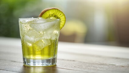 Iced kiwi-flavored beverage on a table, sweet refreshment option for warm days