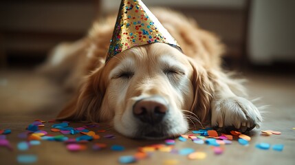 Golden Retriever dog wearing party hat sleeps on floor with confetti.