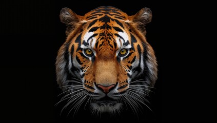 Fototapeta premium Closeup of a tiger's head against a black backdrop, showcasing its intense gaze and focus